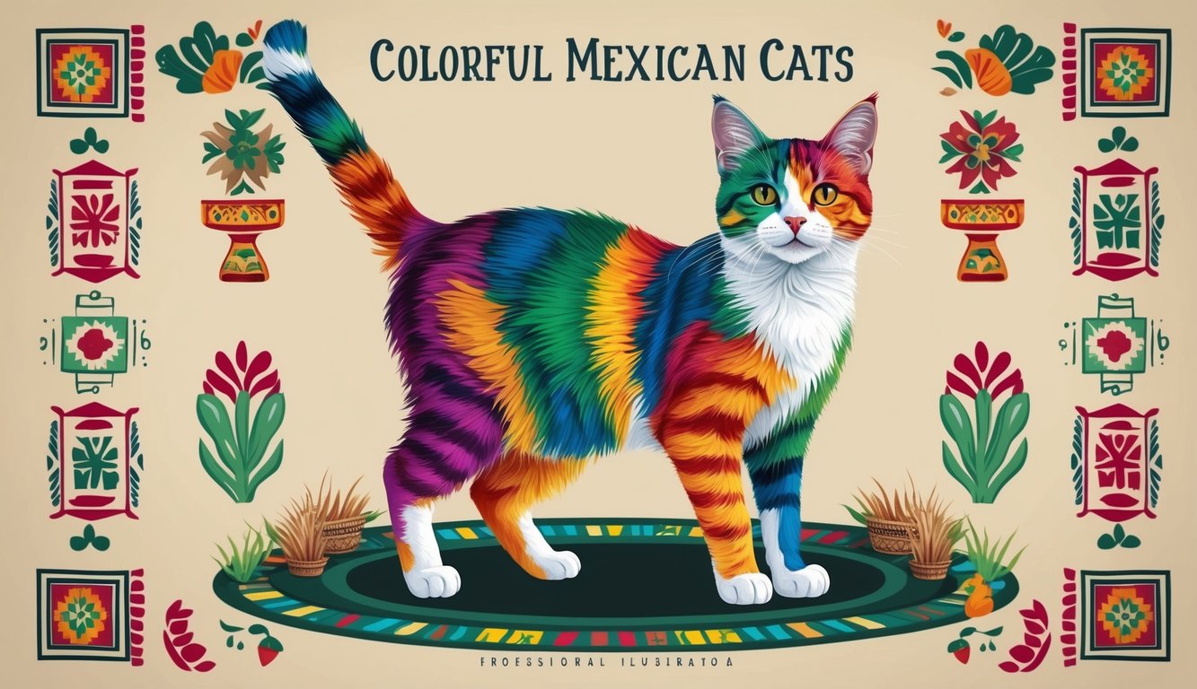 A colorful Mexican cat surrounded by traditional Mexican symbols and patterns, with a proud and regal stance