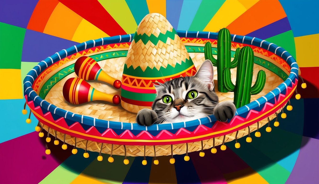 A colorful sombrero adorned with maracas and cactus, with a playful cat peeking out from behind