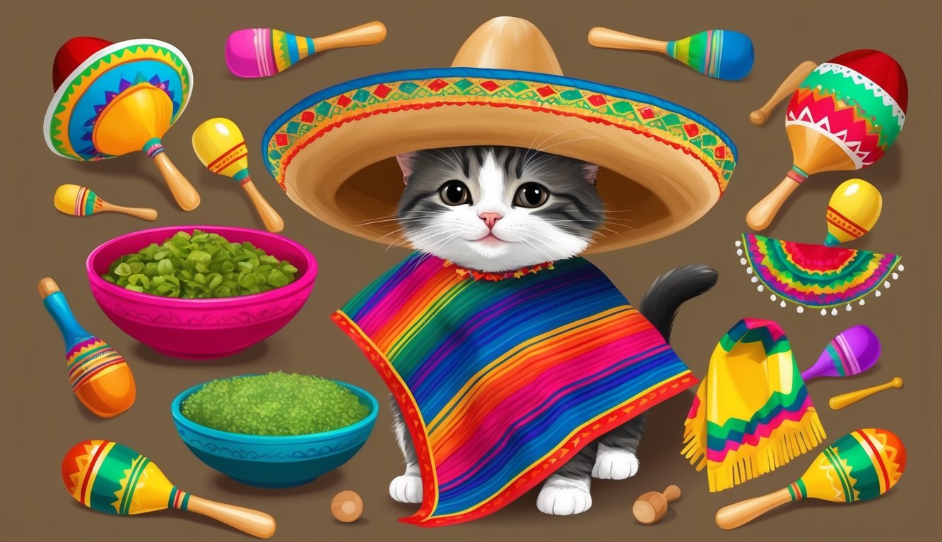 A colorful array of Mexican-themed items surrounds a cute cat with a sombrero, maracas, and a vibrant poncho