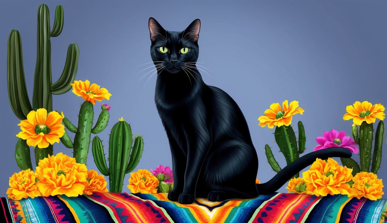 A sleek black cat with piercing green eyes sits proudly atop a vibrant serape, surrounded by colorful marigolds and cacti