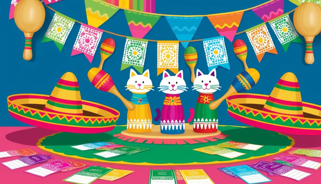 A colorful fiesta with papel picado banners, maracas, and sombreros surrounding a table adorned with traditional Mexican cat figurines and a vibrant display of name cards