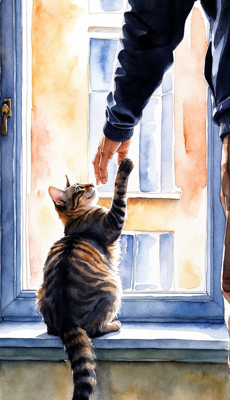 A cat sits on a window sill, reaching its paw out towards a person standing in front of it