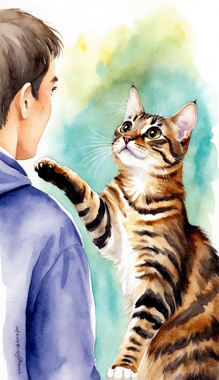 A cat extends its paw towards a person, looking up with wide, curious eyes