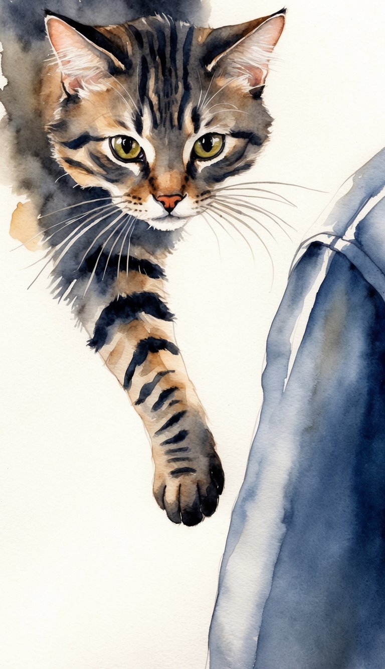 A cat extends its paw towards a person, with a curious expression on its face