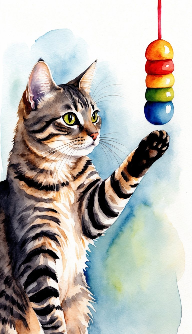 A curious cat extends its paw towards a toy, seeking interaction and play