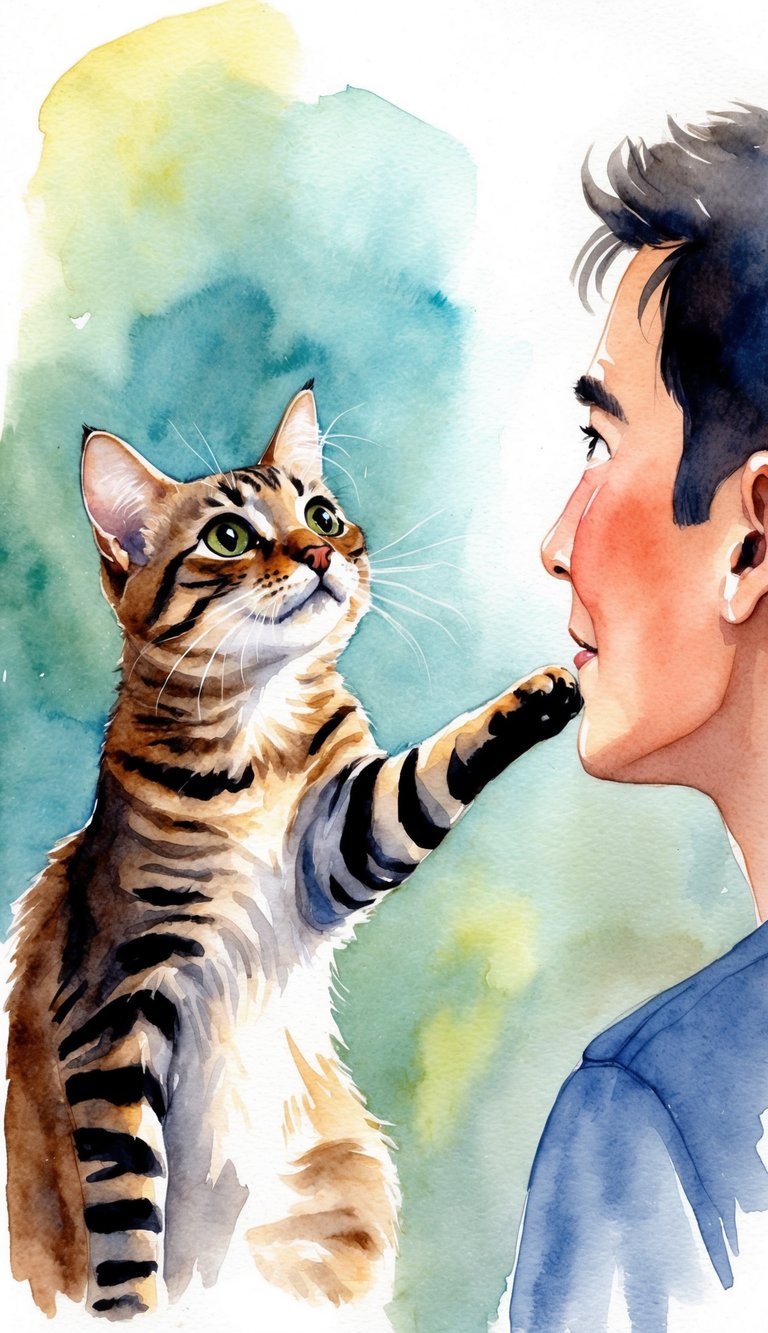 A cat extends its paw towards a person, looking up with wide eyes