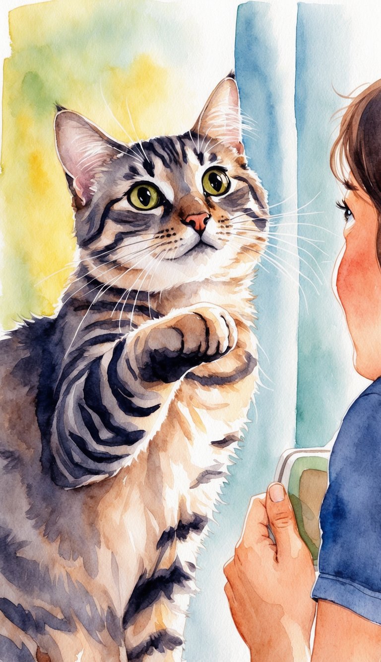 A cat reaching its paw out towards a person, looking up with wide eyes and slightly tilted head