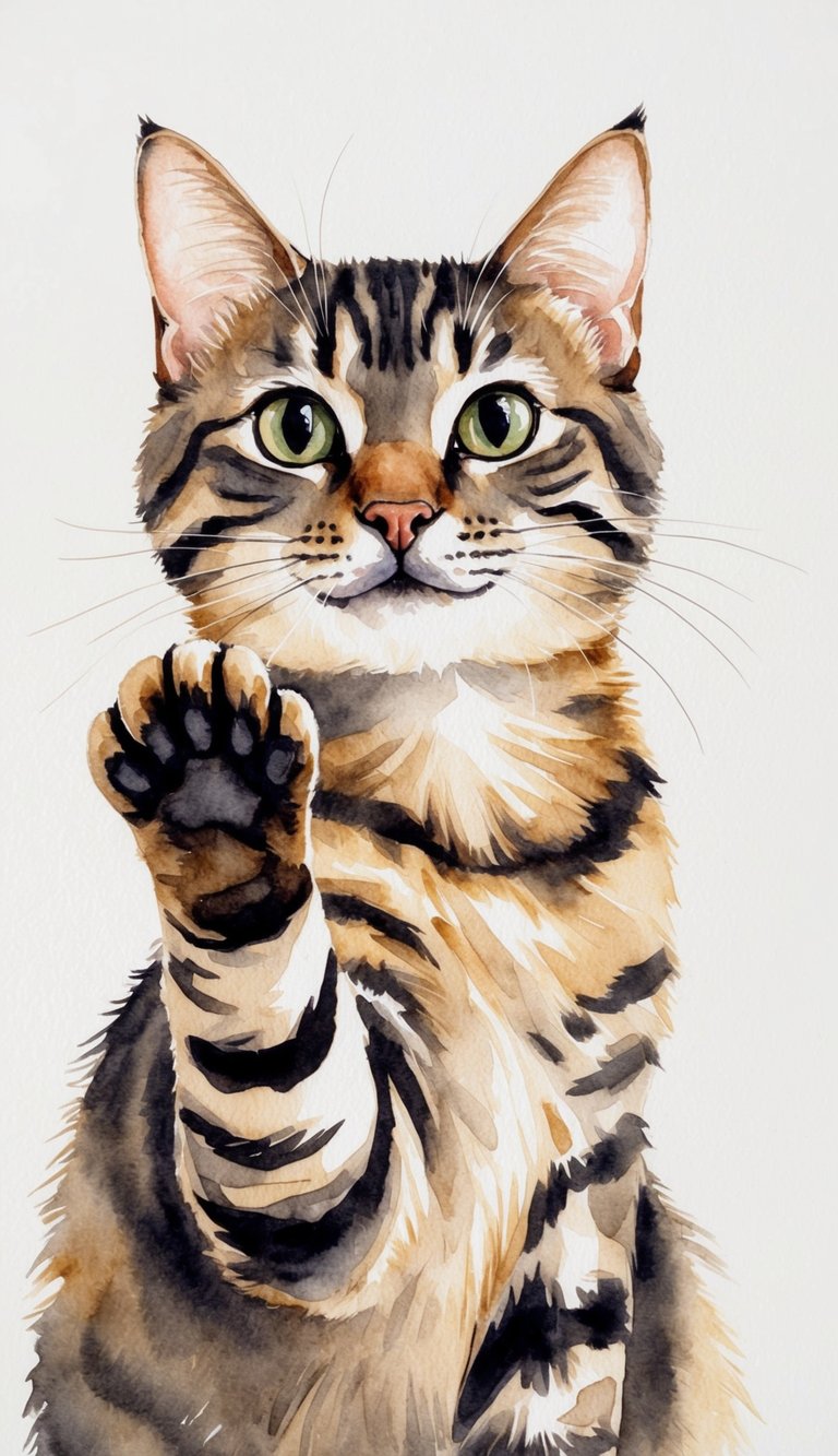 A cat with outstretched paw, gazing at the viewer with curiosity and a hint of playfulness in its eyes