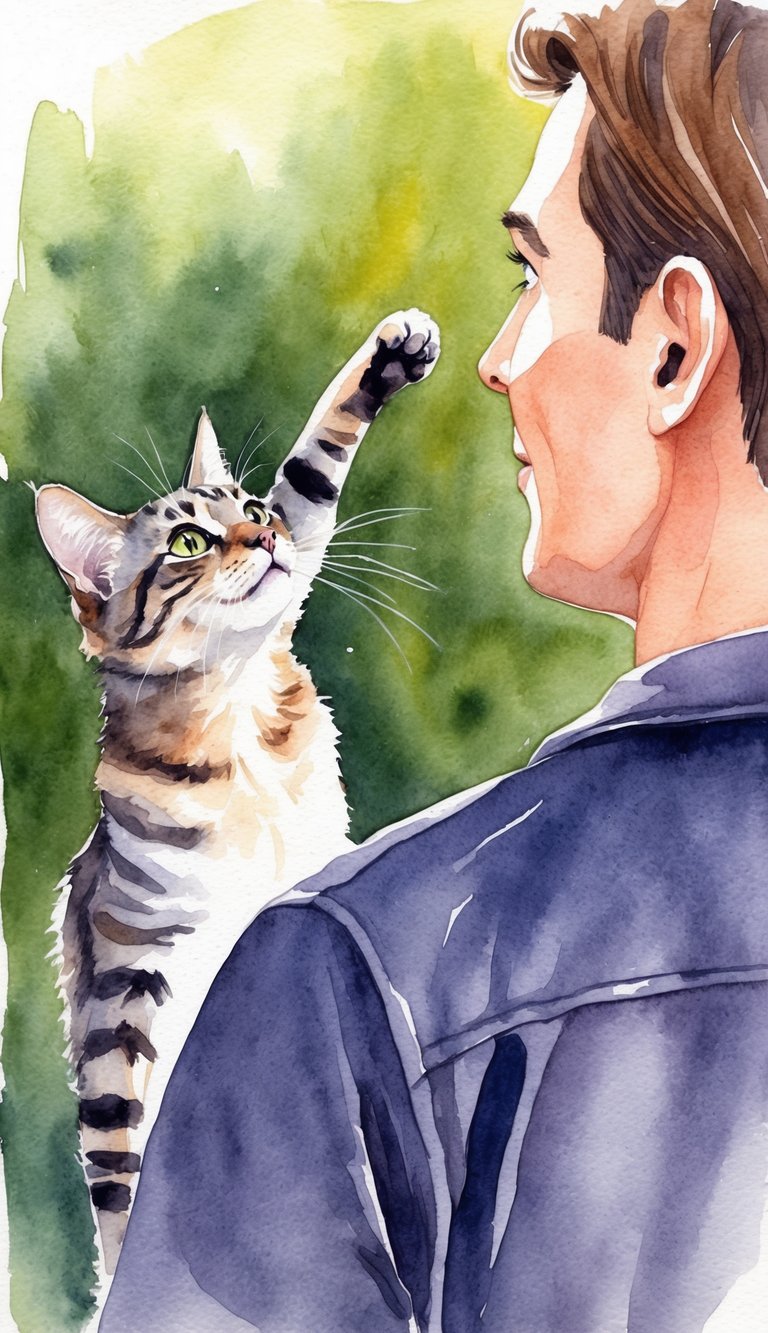 A cat stretches its paw out towards a person, looking up with curious eyes