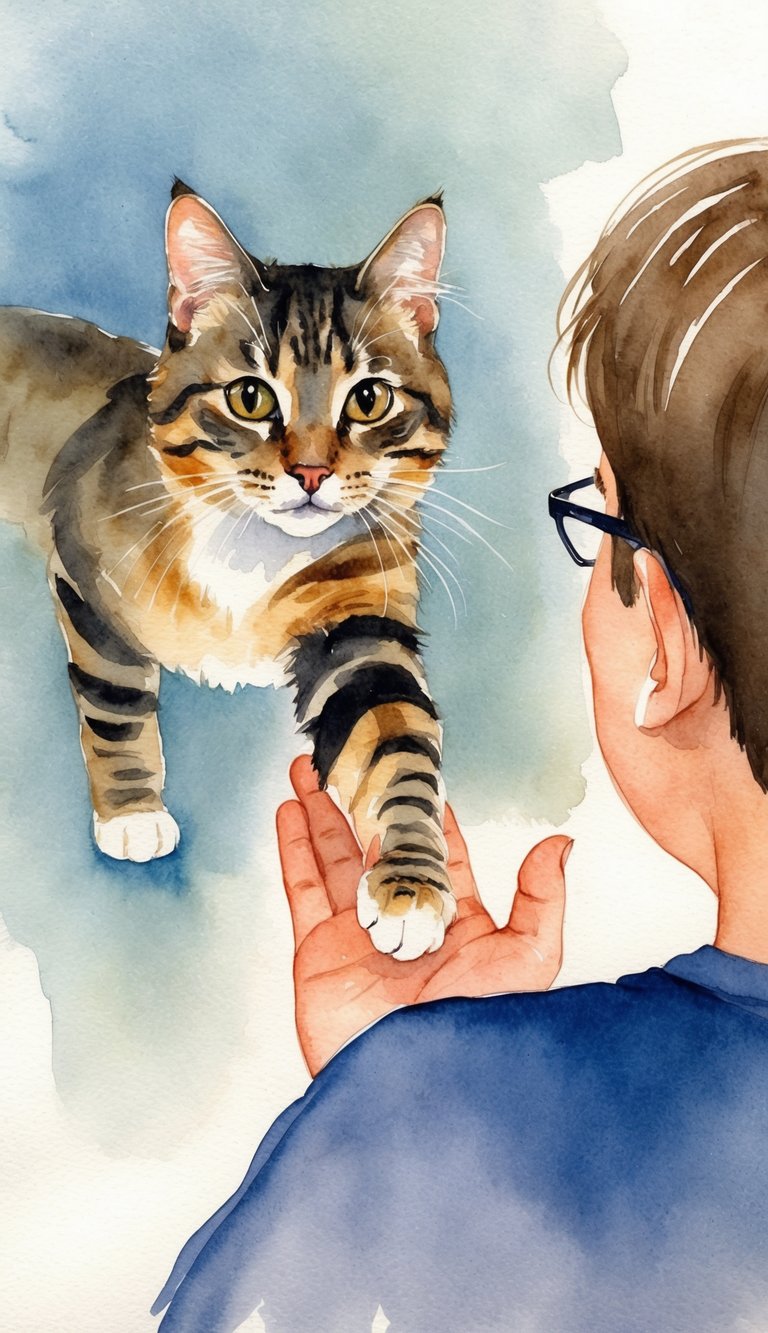A cat extends its paw towards a person, with a curious and friendly expression on its face
