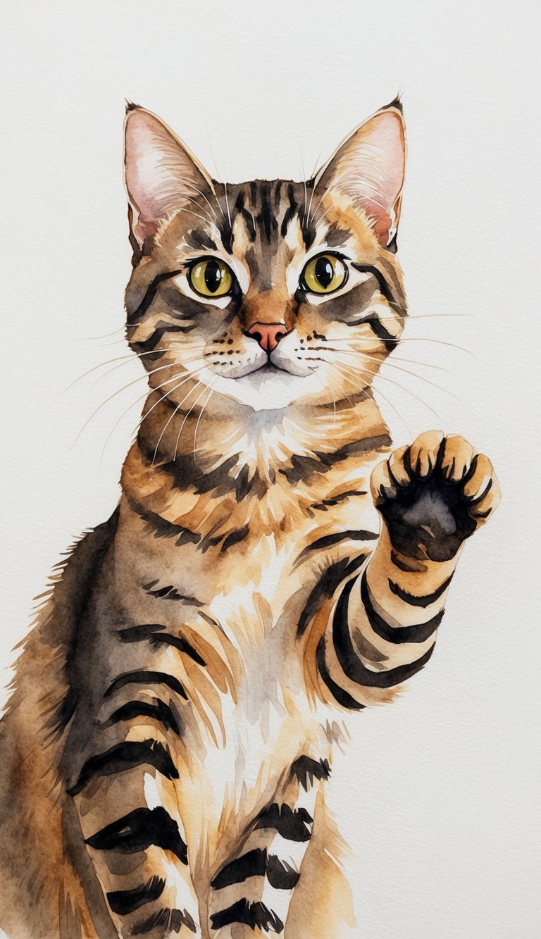 A cat reaching its paw out towards the viewer, with a curious and inquisitive expression on its face