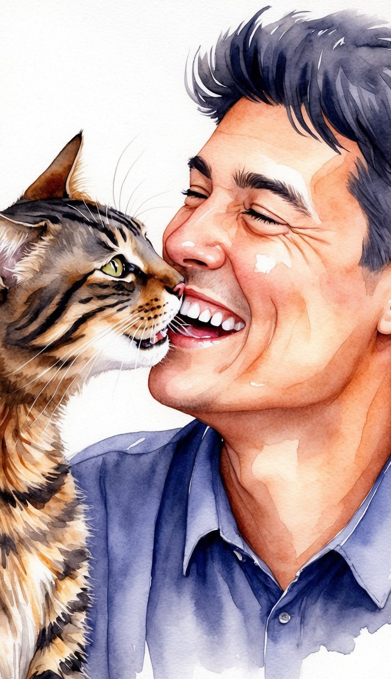 A cat playfully nips the nose of a person, while the person laughs and pets the cat