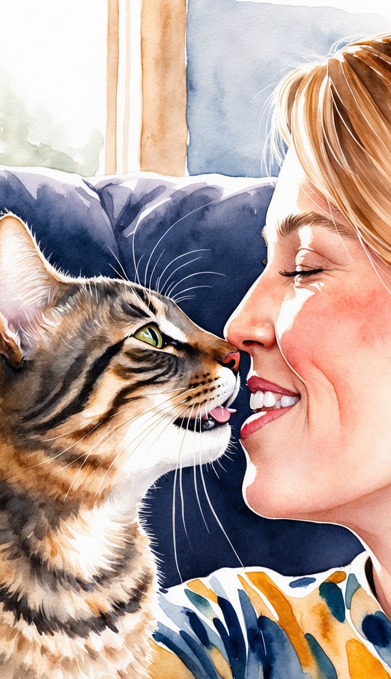 A cat nuzzles and playfully bites a person's nose, showing affection and playfulness in a cozy living room setting