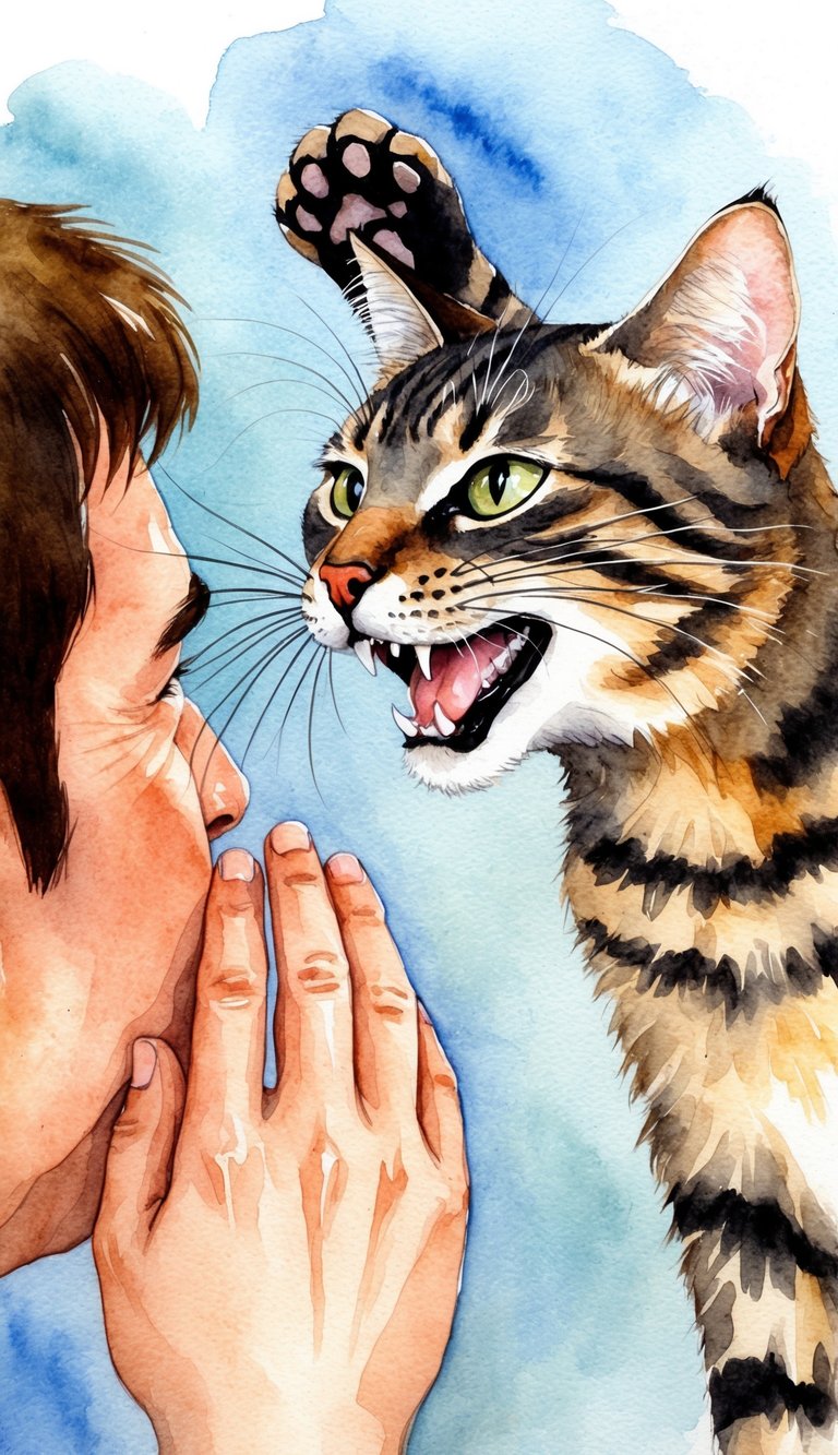 A cat with raised paw, bared teeth, and twitching whiskers lunges toward a person's nose