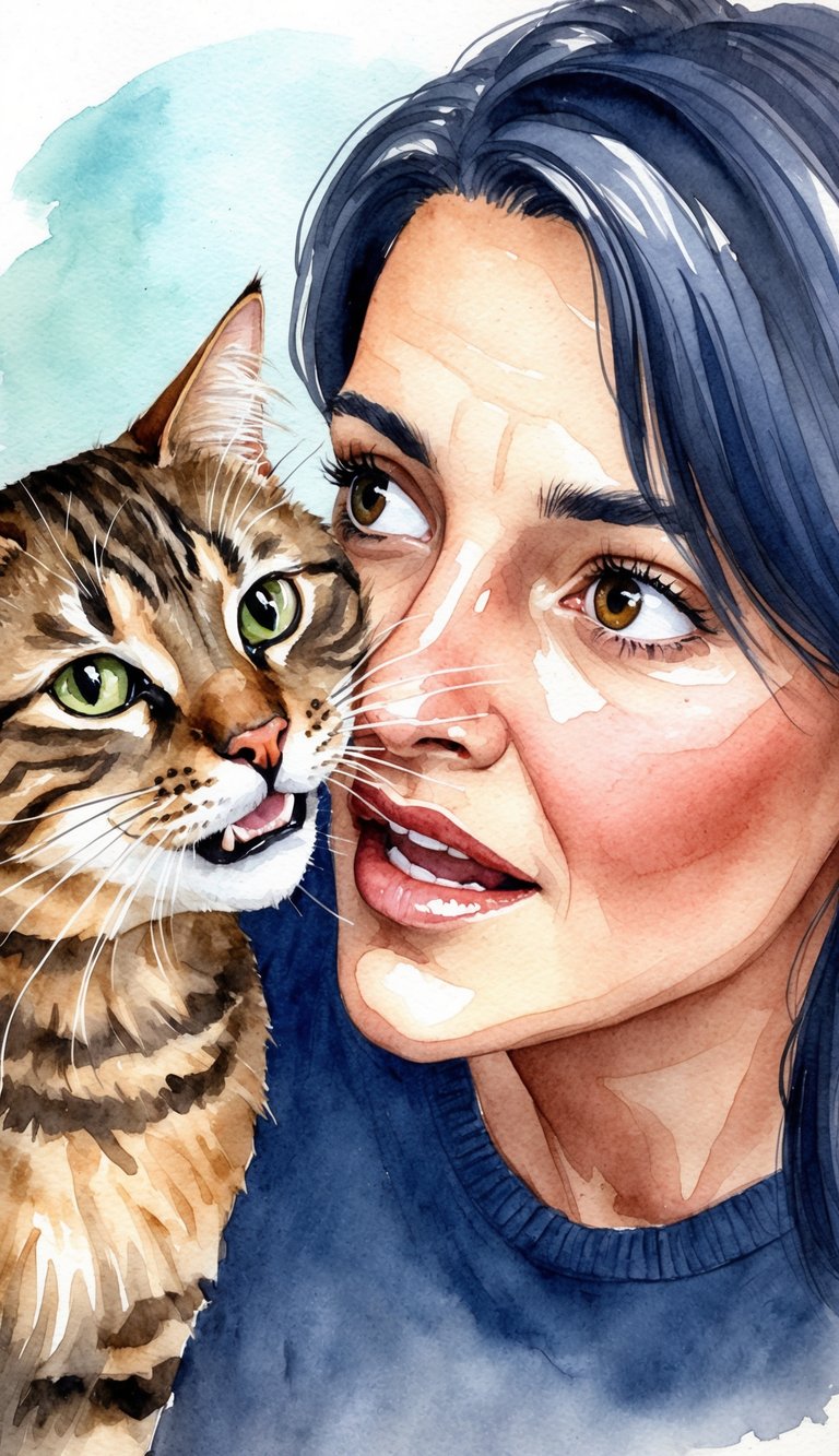 A cat nipping at a person's nose, with the person looking surprised and trying to gently push the cat away
