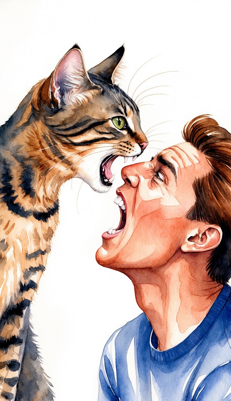 A cat with an arched back and raised hackles, baring its teeth and biting the nose of a person who is recoiling in surprise and pain