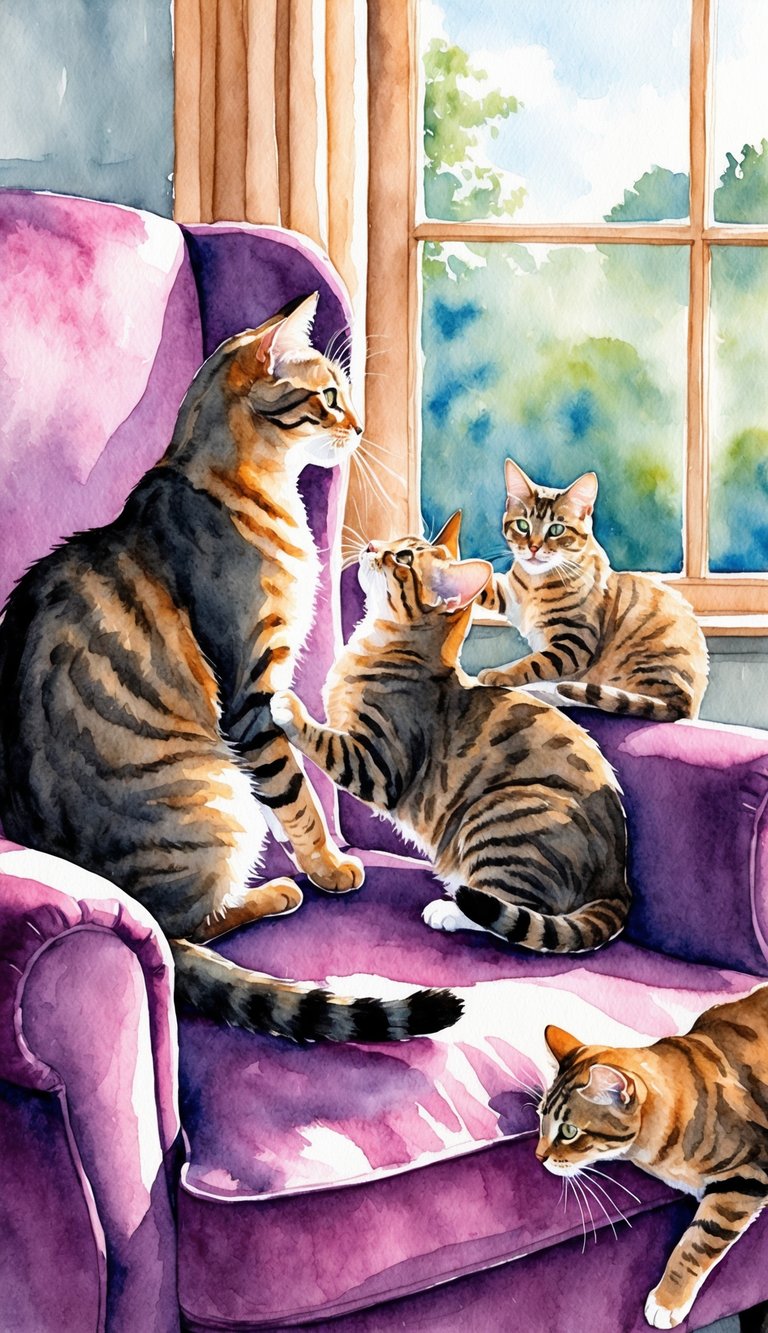 A cat sits on a cozy armchair, gazing out the window. Another cat playfully nips at its companion's nose, while a third cat lounges nearby