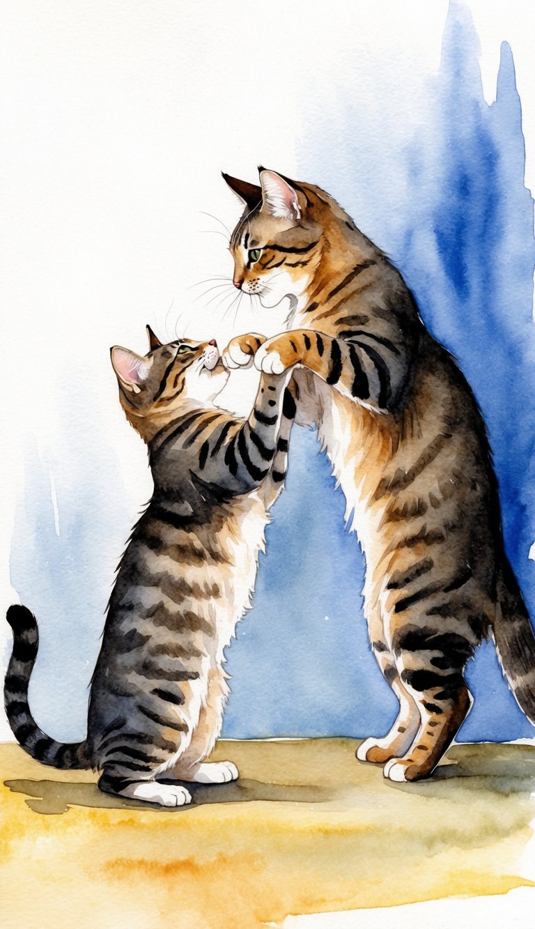 A curious cat stands on hind legs, playfully nipping at the nose of its puzzled owner