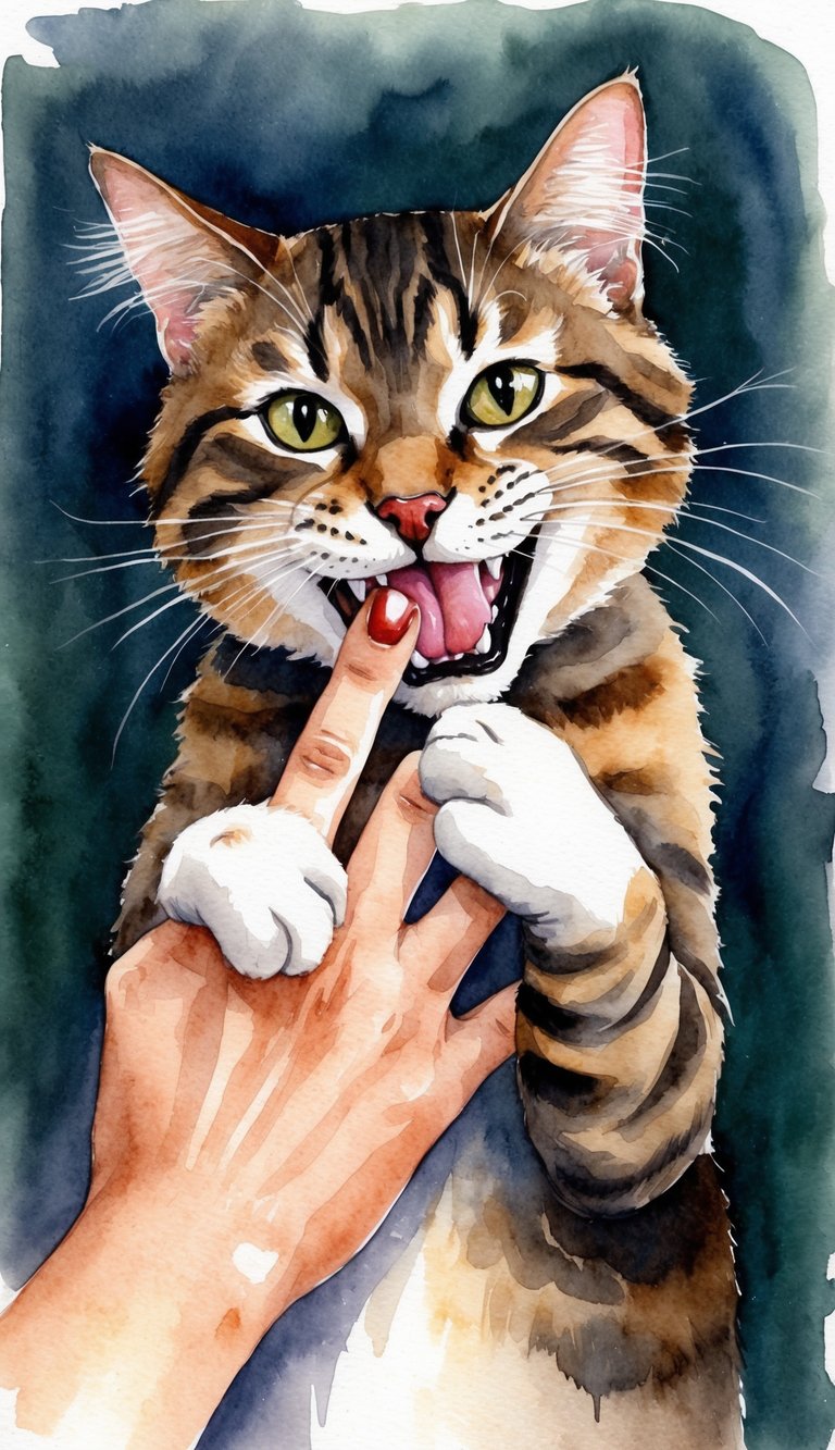 A cat playfully grabs and bites a hand
