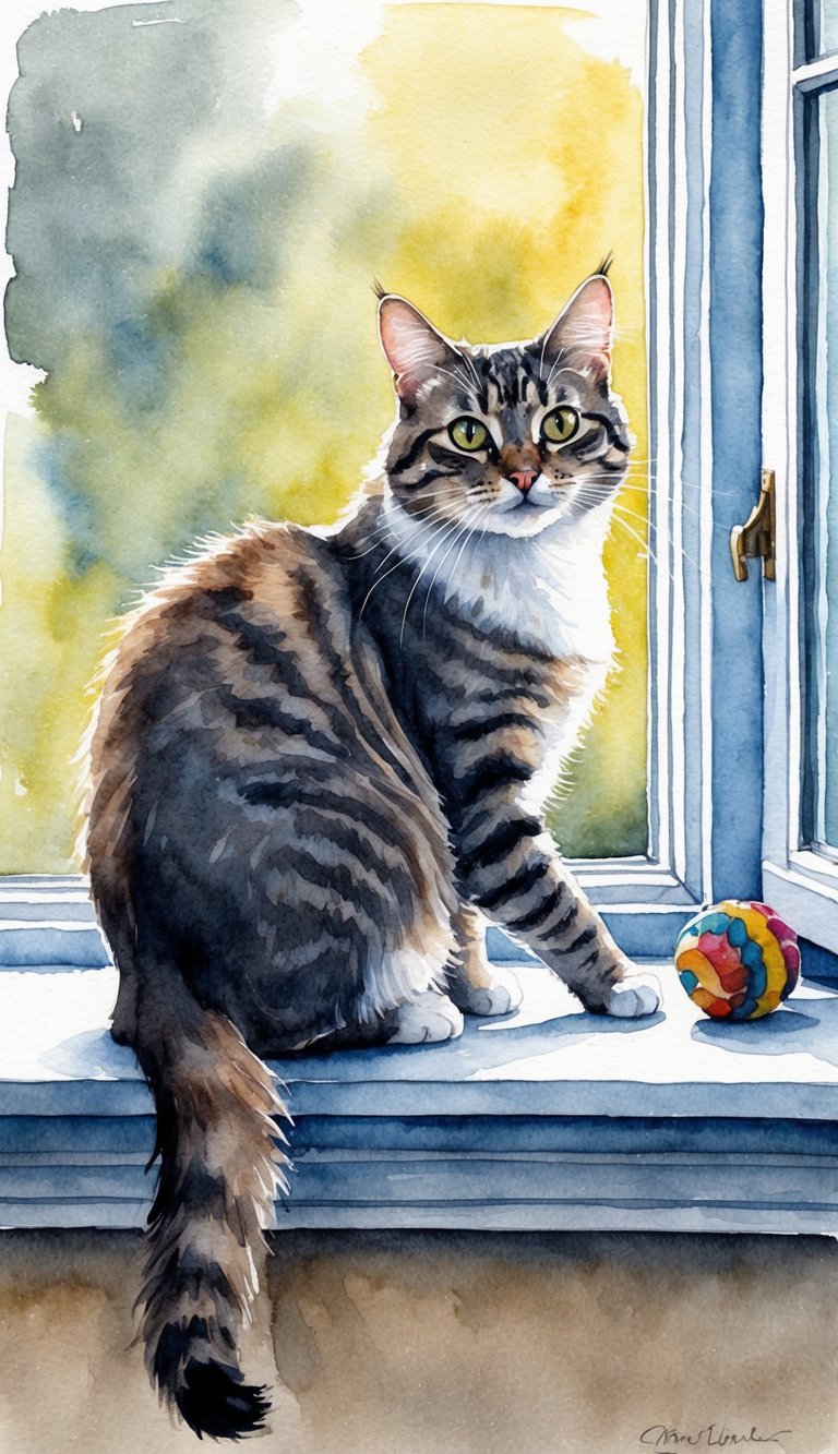 A cat sits on a windowsill, gazing outside. Its tail twitches as it playfully paws at a nearby toy