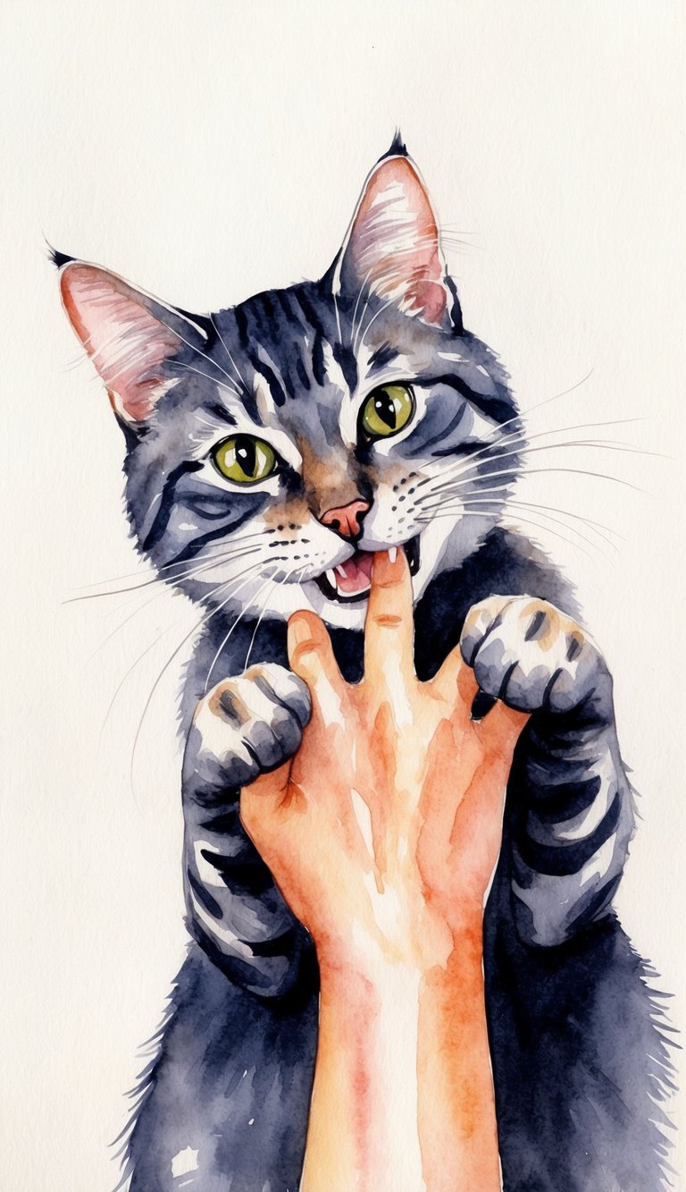 A cat playfully nips at a hand, eyes wide and tail twitching