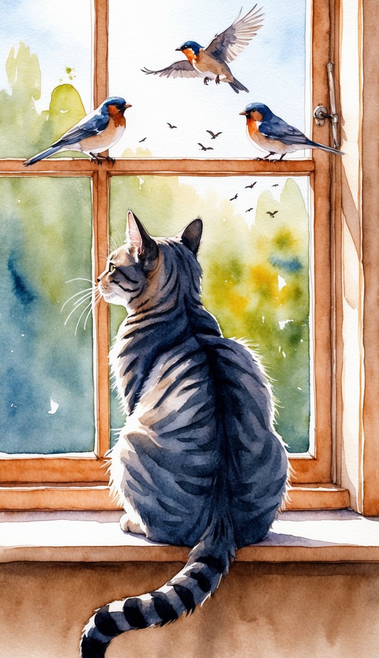 A cat sitting on a windowsill, looking out at birds, with its ears perked and tail twitching