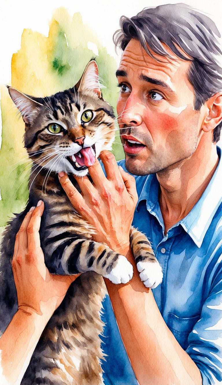 A cat playfully bites a hand, while the owner looks on with a puzzled expression