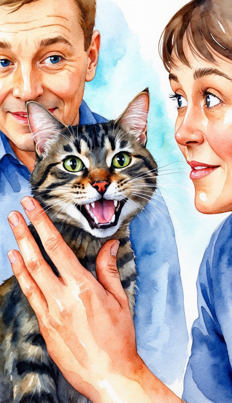 A cat playfully bites a hand as the owner looks on with a curious expression