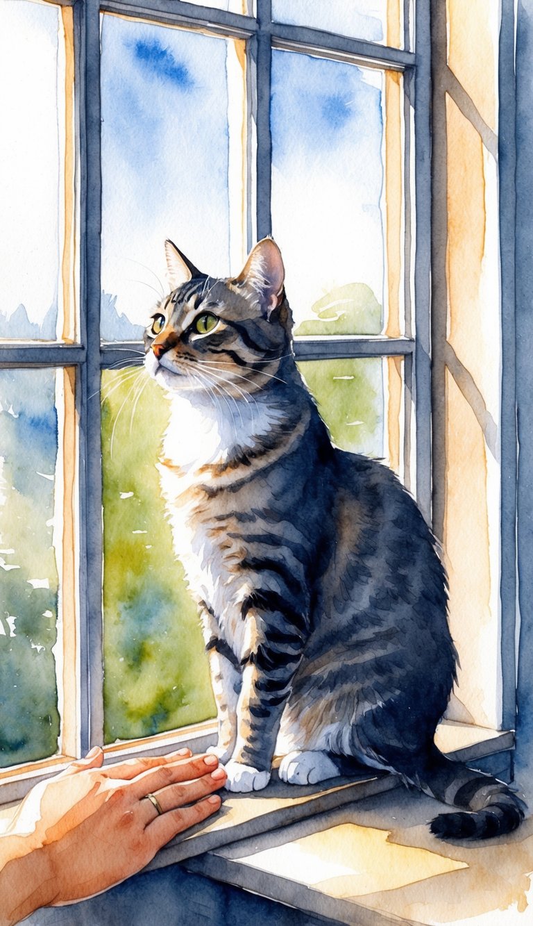 A cat sitting on a windowsill, gazing out at the world with a thoughtful expression, while a hand reaches out to pet it