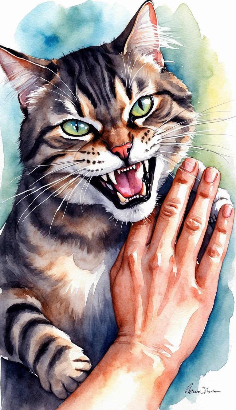 A cat aggressively bites a hand while being petted