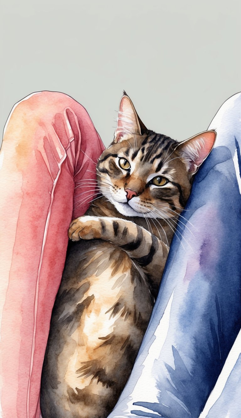 A cozy cat nestled between two crossed legs