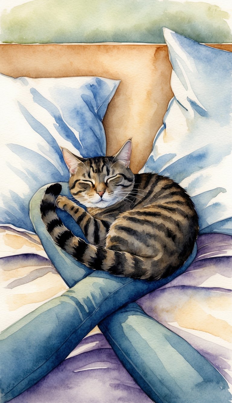A cat nestled between two crossed legs on a bed, peacefully sleeping with a content expression on its face