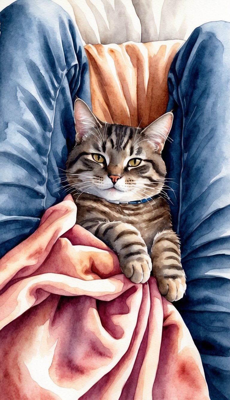 A cozy cat nestled between two crossed legs under a warm blanket