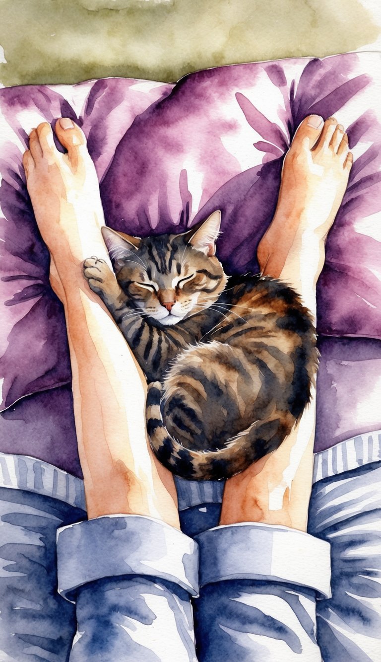 A cat nestled between two crossed legs on a cozy bed, peacefully sleeping