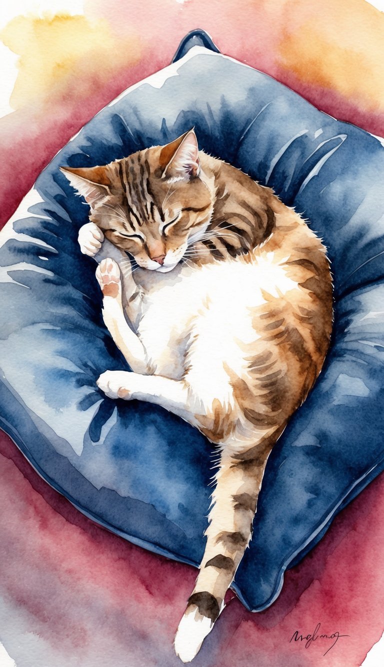 A cat nestled between two crossed legs on a cozy cushion, peacefully sleeping