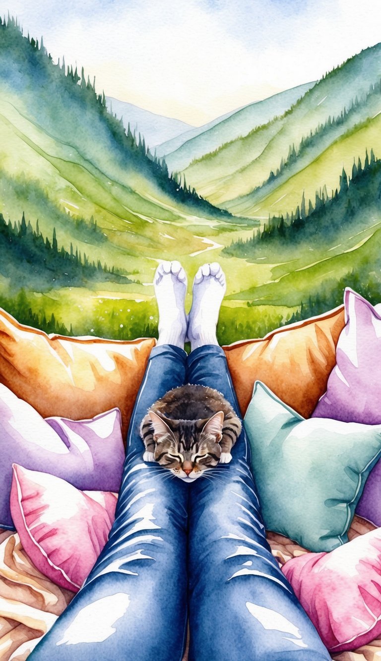 A cat peacefully naps between a pair of crossed legs in a cozy valley surrounded by soft blankets and pillows