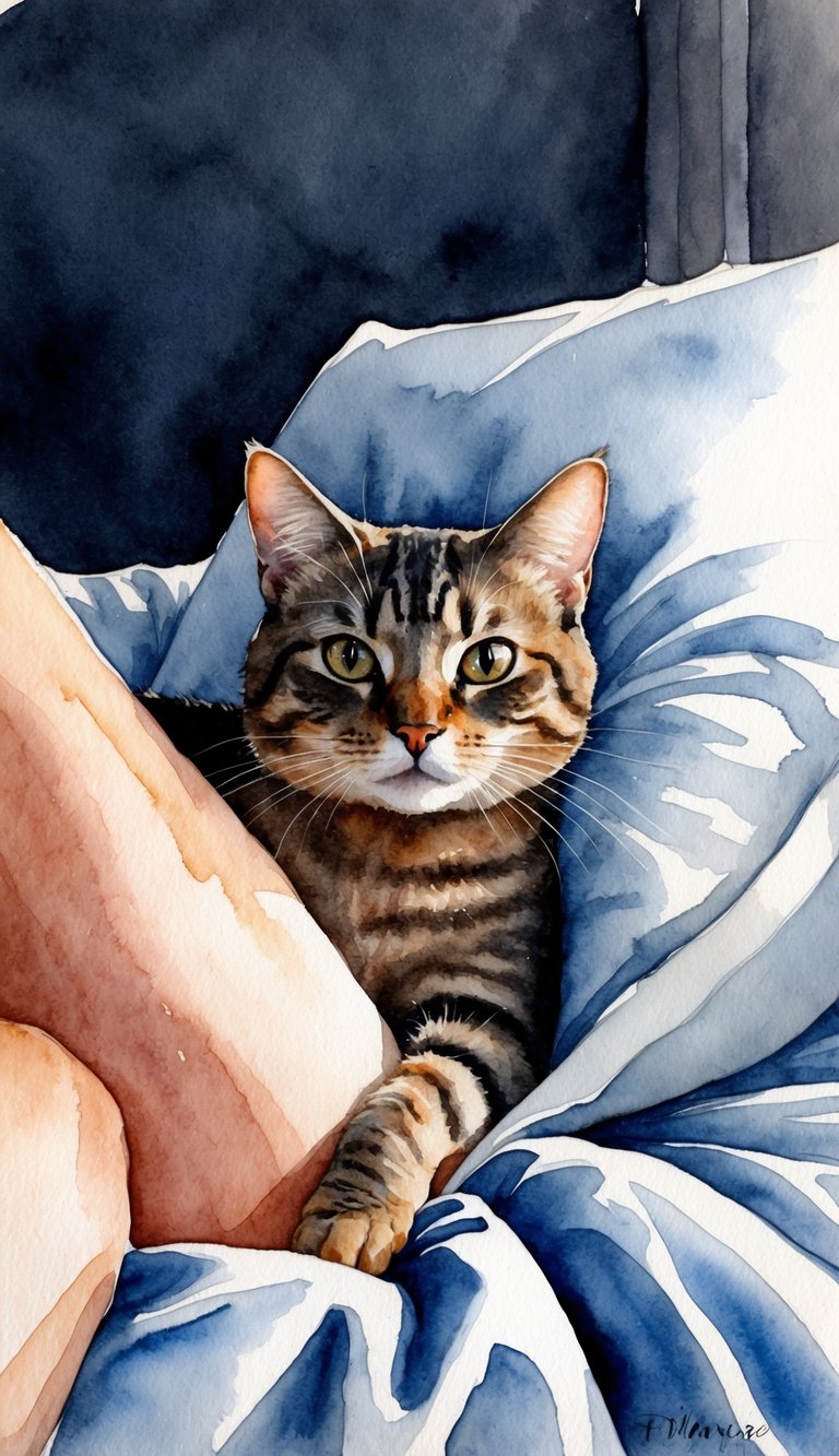 A cat nestled between a person's legs on a bed, gazing out into the darkness with alert eyes