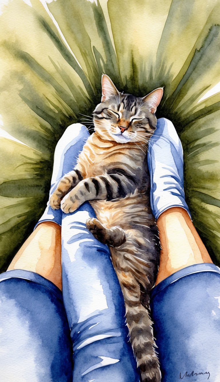A cat peacefully snoozes between a pair of crossed legs, nestled comfortably in a cozy spot