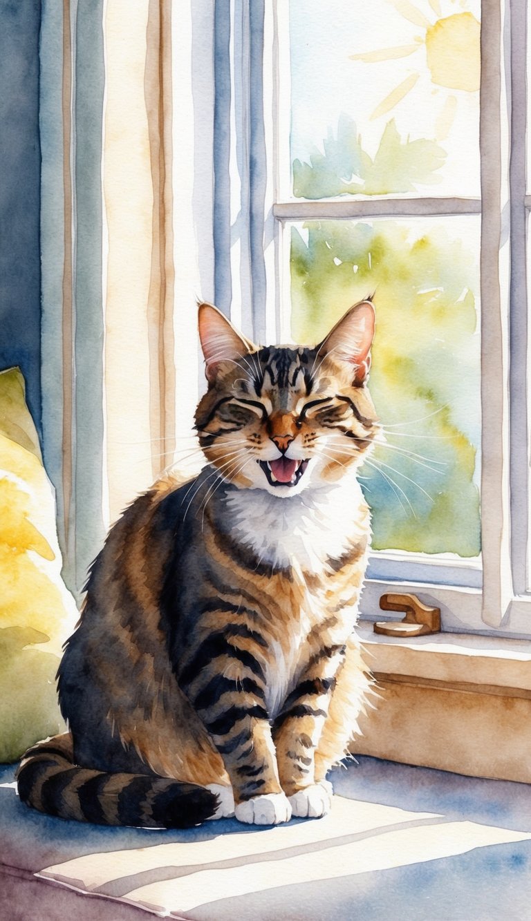 A cat gently bites while purring, tail swaying, eyes half-closed, in a cozy room with sunlight streaming through the window