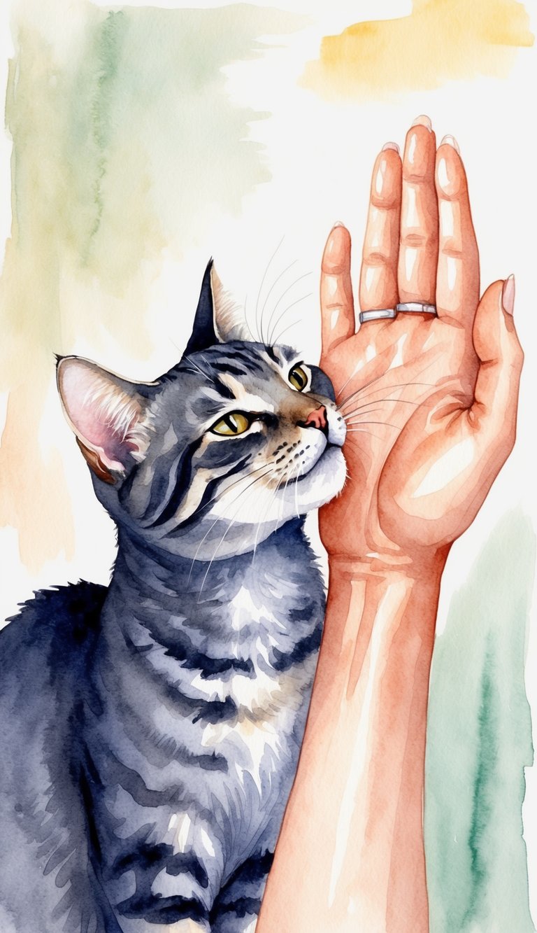 A contented cat nuzzles and gently nips at a hand, purring softly as it does so