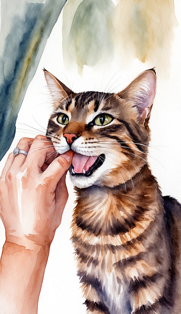 A cat nuzzles against a person's hand while gently biting and purring, showing affection through its love language