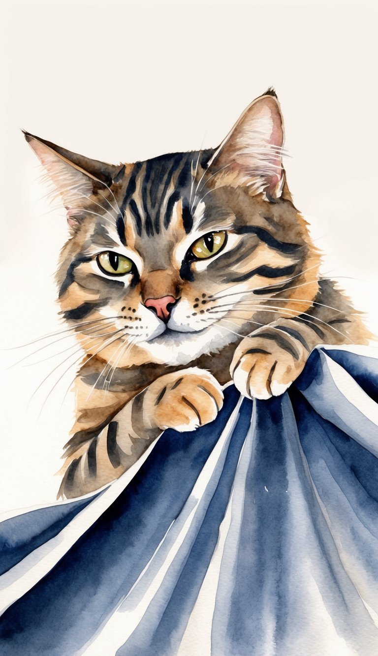 A content cat gently nips at a piece of fabric while purring, showing the bond between feline and human