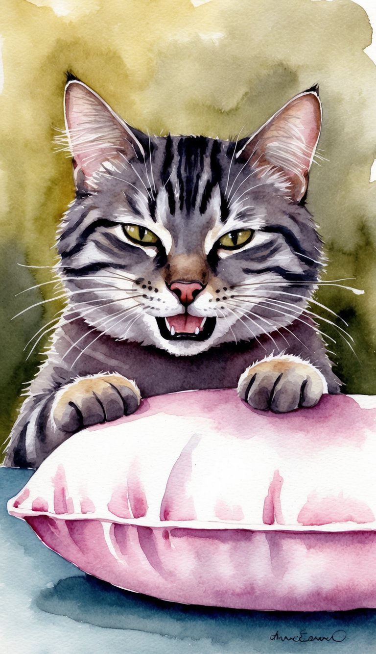 A cat purrs while gently biting a soft object, showing contentment and affection through body language