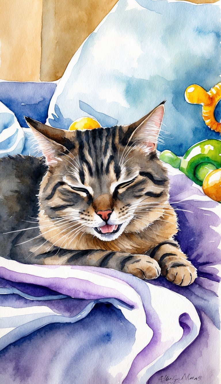A contented cat gently nuzzles and bites a soft blanket while purring, surrounded by toys and a comfortable bed