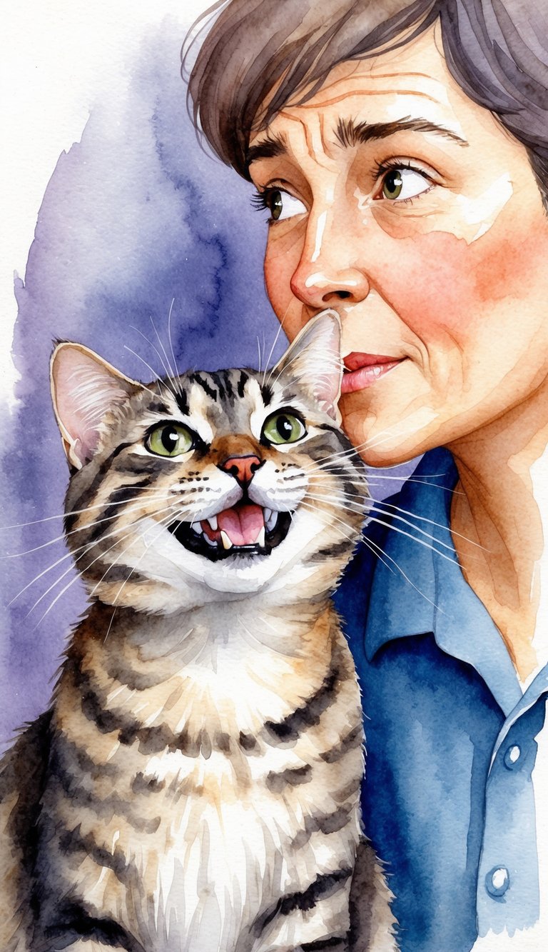 A cat gently bites while purring, with a curious expression, as the owner looks on with a mix of confusion and affection