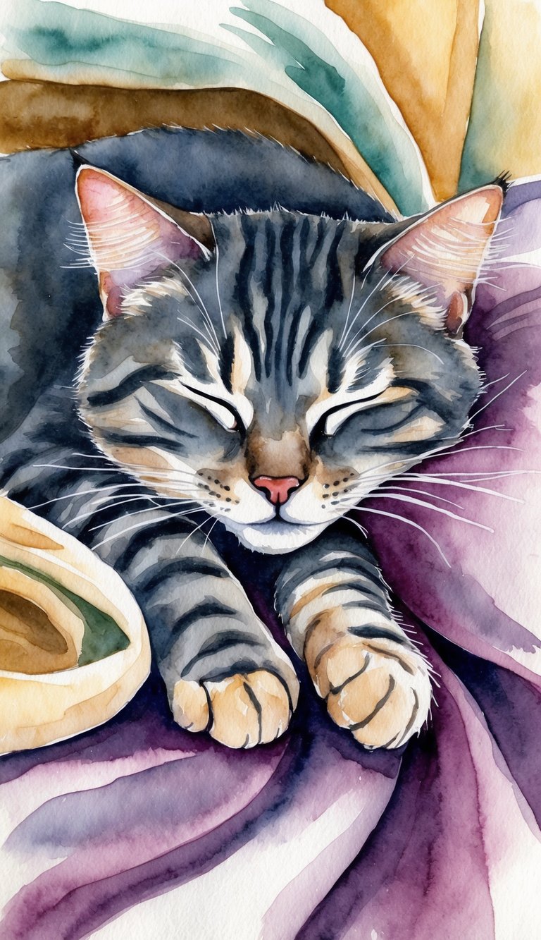 A sleeping cat curled up on a cozy blanket, twitching her paws and whiskers as she dreams