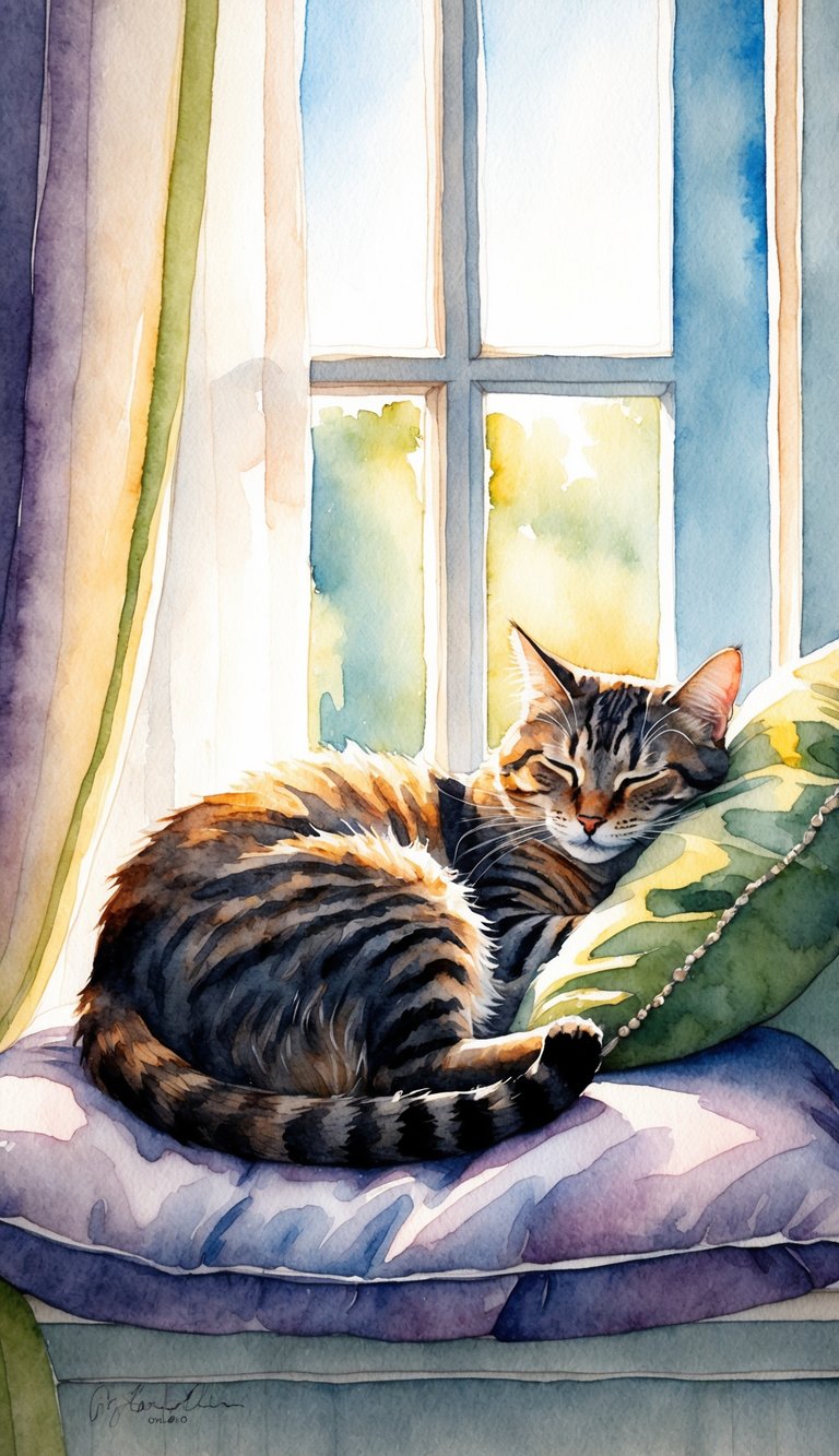 A cozy cat curled up on a cushioned window perch, twitching in her sleep as sunlight filters through the curtains
