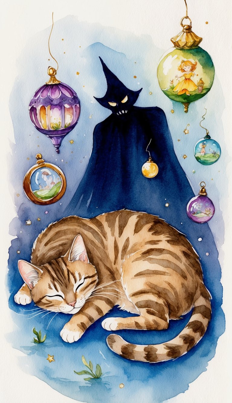 A sleeping cat surrounded by floating fairy-tale objects, with a shadowy figure representing a potential nightmare lurking in the background