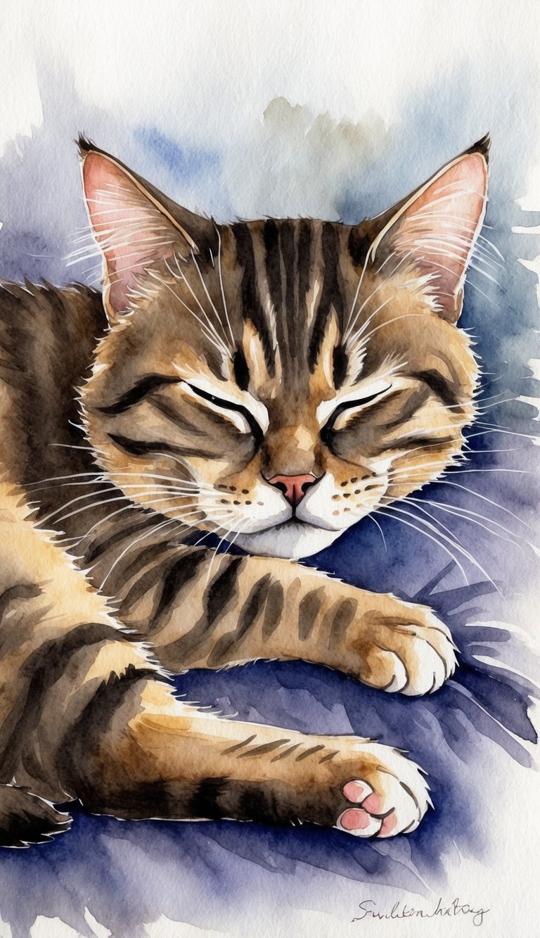 A sleeping cat with twitching paws, furrowed brow, and a concerned expression on its face