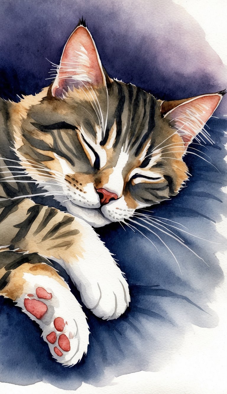 A sleeping cat with twitching paws and a relaxed expression